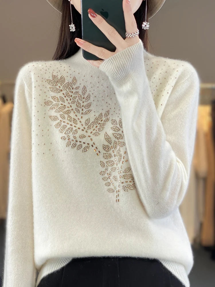 Autumn and Winter New Line ready to wear Knitted Half High Collar Leaf Diamond Women's Solid Color Simple Fashion Sweater