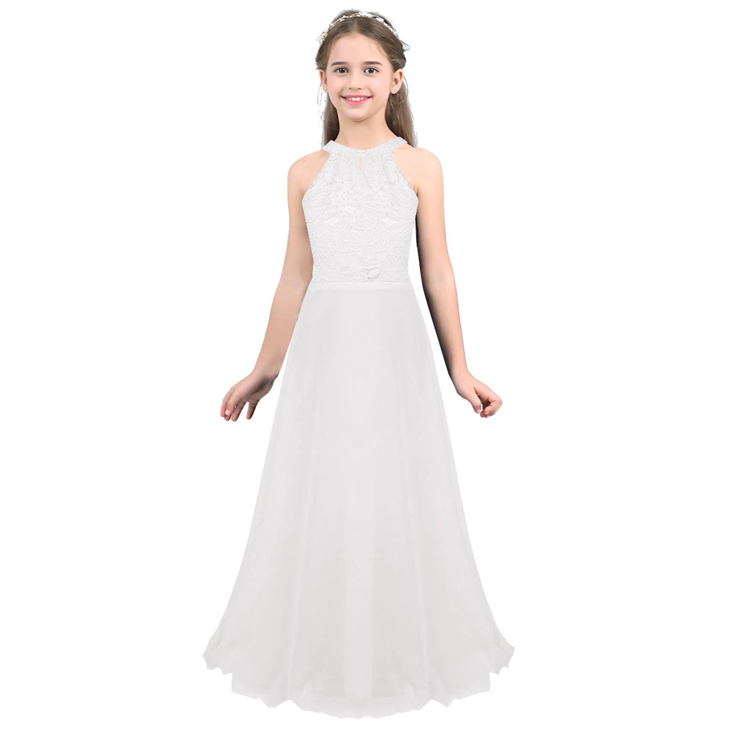 iiniim Kids Girls Vestido de festa Chiffon Dress Floral Lace Cutout Back Flower Girl Dress Elegant Summer Princess Party Dress