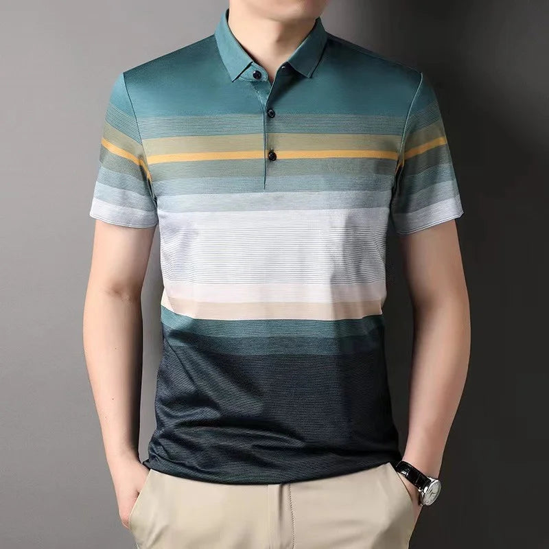 Men's Polo Shirts Korea Man Golf Shirts Summer Striped Print Button Clothing Business Style Male Streetwear Short Sleeve T-Shirt