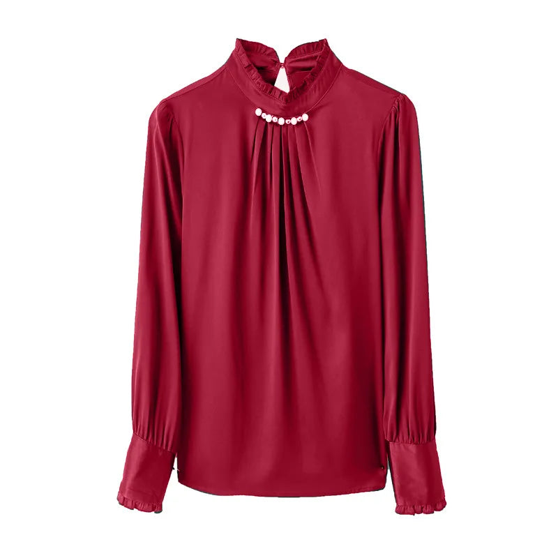 Birdtree 92%Real Silk Women Elegant Fashion Shirt Ruched Collar Diamonds Blouses 2024 Spring Autumn Office Lady Tops T3D983QM