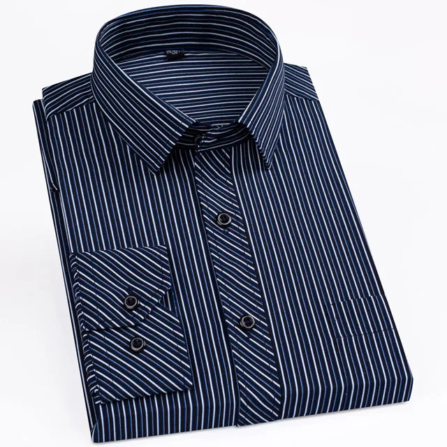 Men's Classic Standard-fit Plaid/striped Social Office Dress Shirt Single Patch Pocket Long Sleeve Formal Business Basic Shirts
