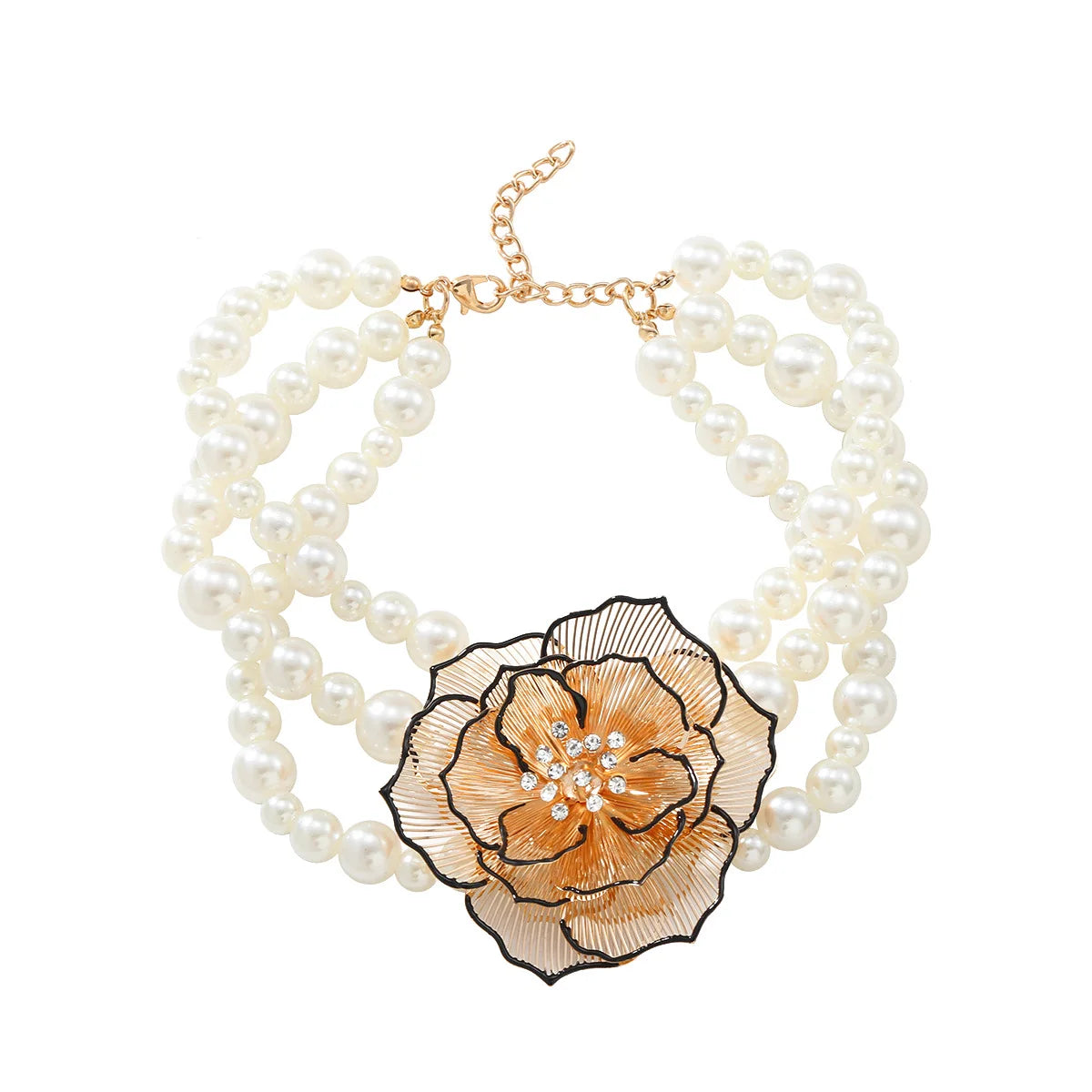 Ladies' Pearl Camellia Necklace Bracelet Earrings Retro Jewelry Trend Exaggerated Jewelry Set Party Gifts Wholesale