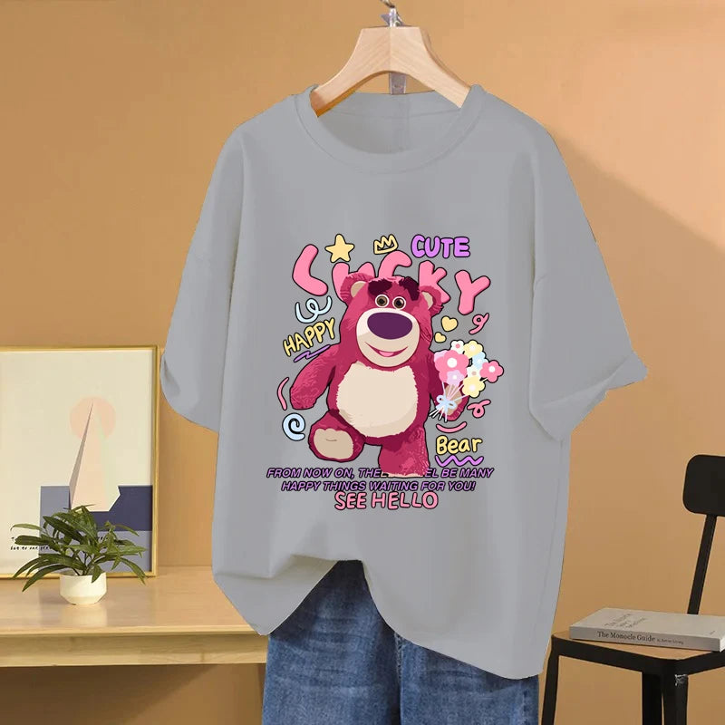 Lotso Bear Cartoon Anime Women T-shirt Summer Short Sleeve Men Tee Shirts 100% Cotton 2025 New Fashion Couple Clothes Tops