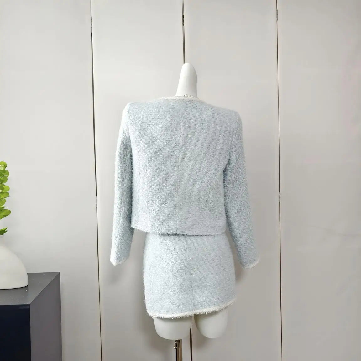 Frauen Elegante Tweed Luxus Anzug Strass Jacke Mantel Und Rock Zwei Stück Set Outfit Winter Pailletten Jacquard Party Kleidung 2023