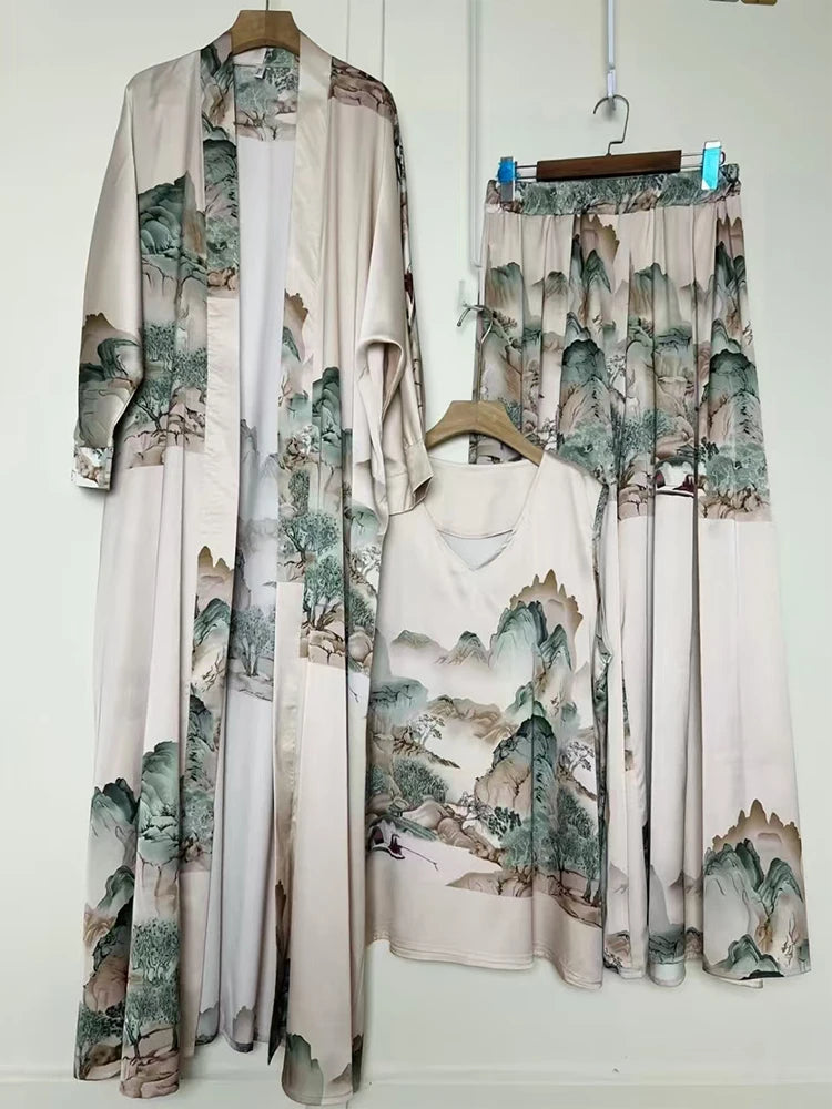 Retro geometric print loose cardigan three-piece set 2025 spring women's new pullover vest + draped loose culottes fashion suit