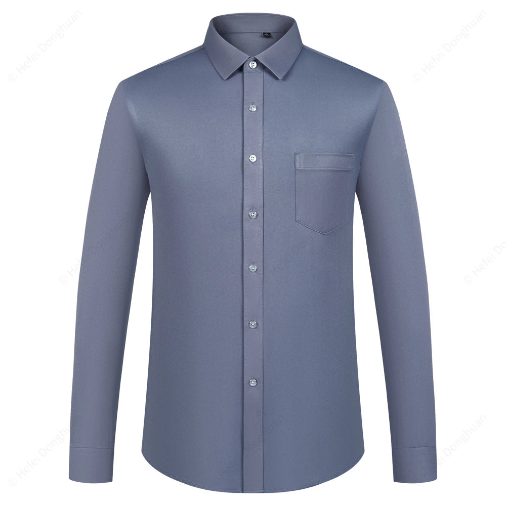 Men‘s Long Sleeve Silk-Like Satin Smooth Formal Shirt, Comfort Slight Stretch Wrinkle-Free Regular Fit Solid Color Dress Shirts