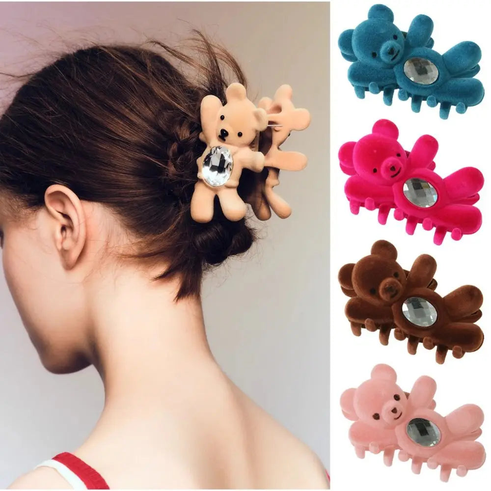 Creative Flocking Cute Bear Hair Claw Hair Clip Shark Clip Shark Grab Clip Rhinestone Headwear Back Head Hair Clip Travel