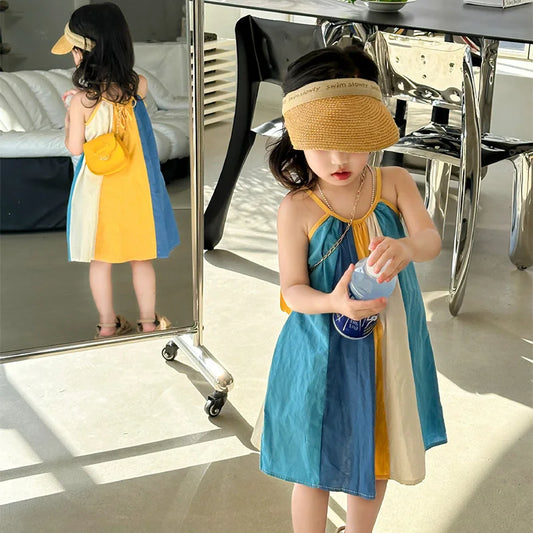 2024 New Summer Girls' Dresses Color Matching Suspender Dress Princess Dress Children's Vacation Beach Dress Baby Kids Clothing