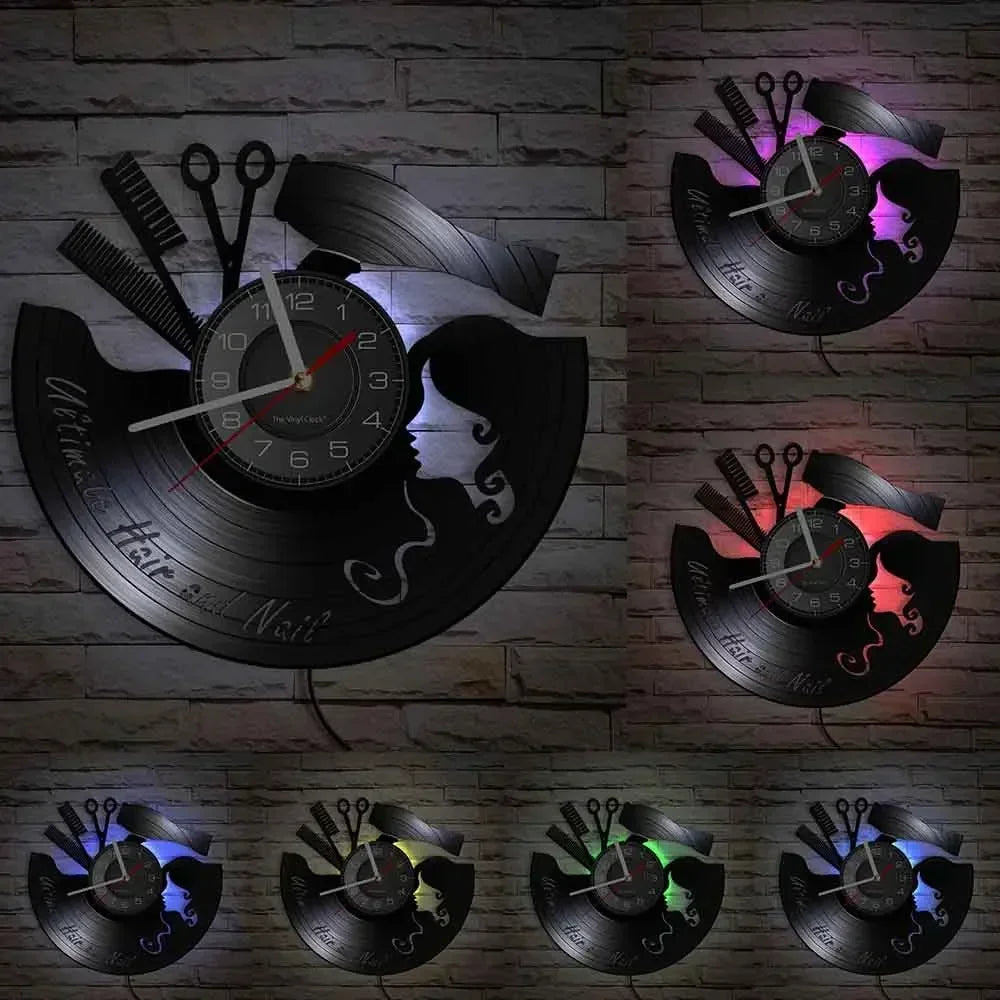 Barber Shop Sign Silent Haircutting Wall Clock Hairdressing Beauty Salon Design Vinyl Record Clock Watch Barber Shop Wall Decor