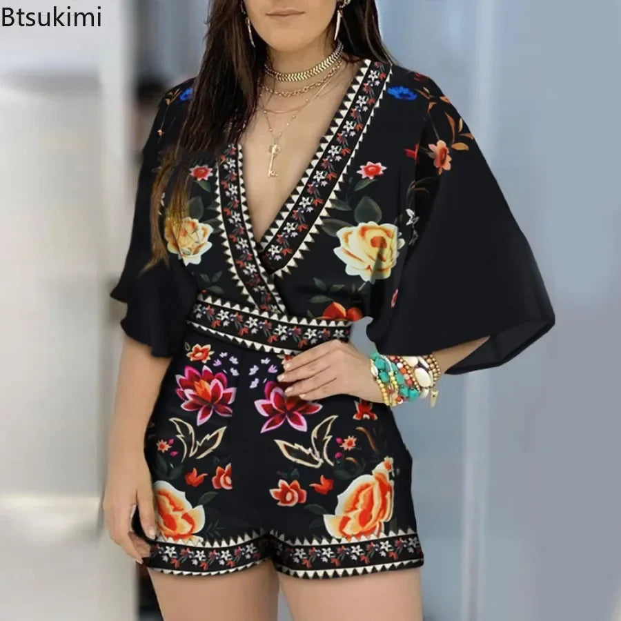 2025 clothes Women's Casual Jumpsuits Elegant Floral Print Overalls Summer Deep V-neck 3/4 Sleeve Rompers Ladies' Clothes Mujer Outfits