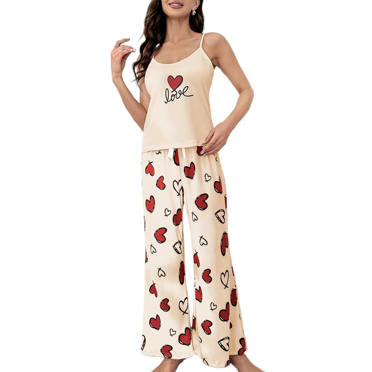 Women s Valentine s Day Loungewear Set Heart Print Cami Tops with Elastic Waist Long Pants Sleepwear