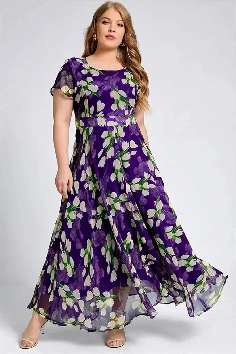 Plus Size Women Floral Printing Dress Short Sleeve Round Neck Chiffon A-line Female Elegant Fashion Summer Dresses 2025