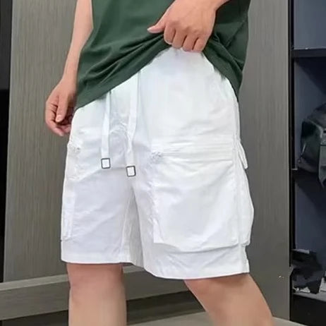 Cargo-Shorts für Herren, einfarbig, locker, trendig, amerikanischer Stil, High Street, mehrere Taschen, Reißverschluss, Alltag, Sommer, Kordelzug, schön, jugendlich