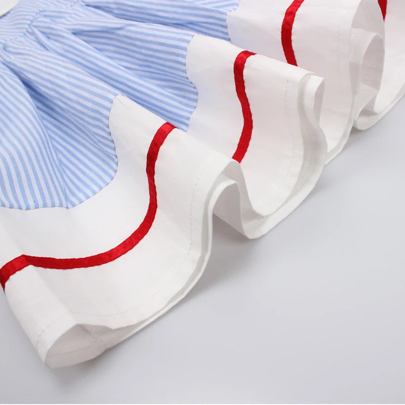 New Summer Embroidery Cherry Turn-down Collar Sleeveless Striped Dress Cotton Infant Princess Dress Toddler Girls Clothes