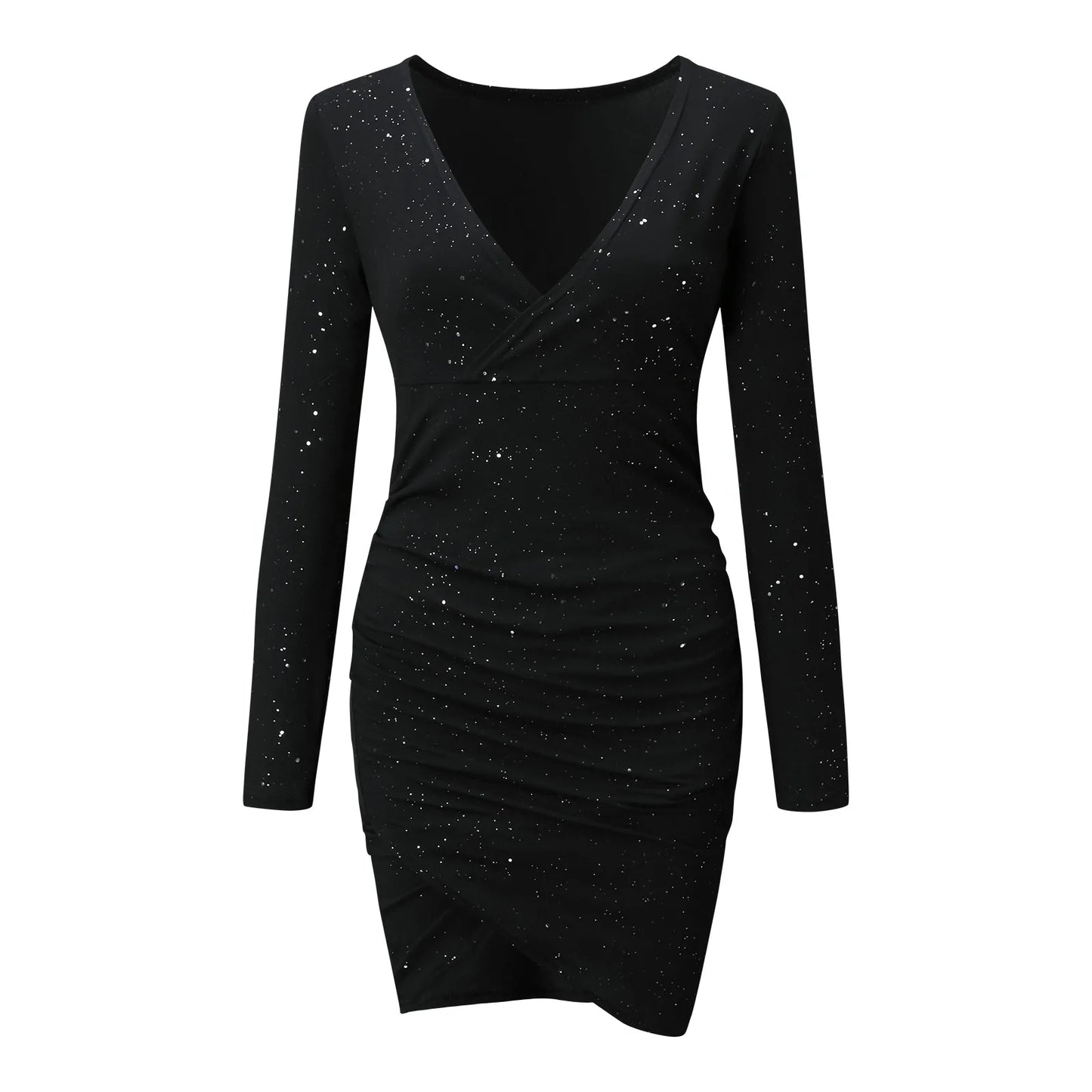 Plus Size Dresses For Curvy Women Long Sleeve V Neck Glitter Sparkly Sequin Cross Ruched Mini Dresses Evening Party Dresses