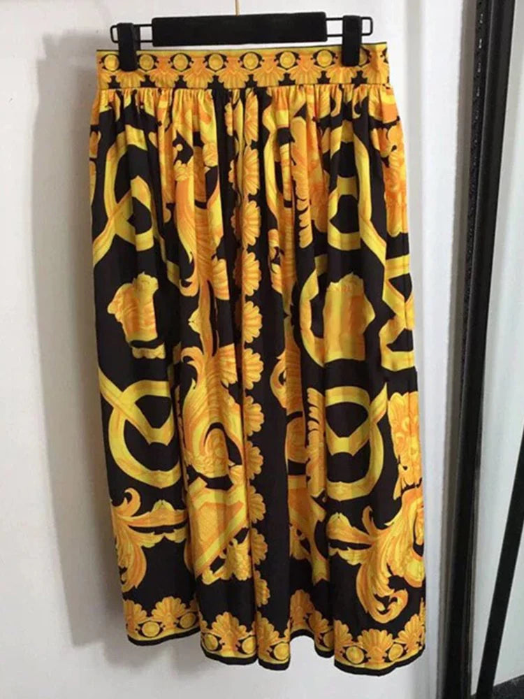 Retro printing irregular pin pleated short T-shirt 2025 summer women's two-piece suit+high waist loose skirt fashion suit