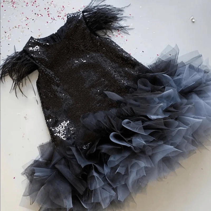 Baby Mädchen Prinzessin Feder Pailletten Kleid Säugling Kleinkind Kind Teenager Regenbogen Vestido Party Pageant Geburtstag Baby Kleidung 1-14Y