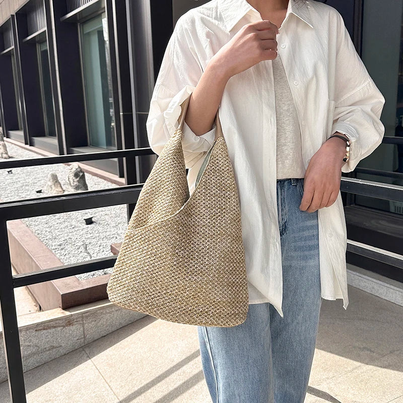 Fashion Straw Hollow Out Knitting Tote Bag Summer Cute Shoulder Bag Large Capacity Handbags and Purses Weave Beach Bag