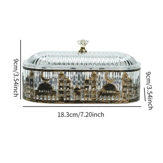 Dust-proof Dining Table Tray Eid Mubarak Decorative Ramadan Dessert Storage Box Portable Embossed Shape Candy Dish with Lid