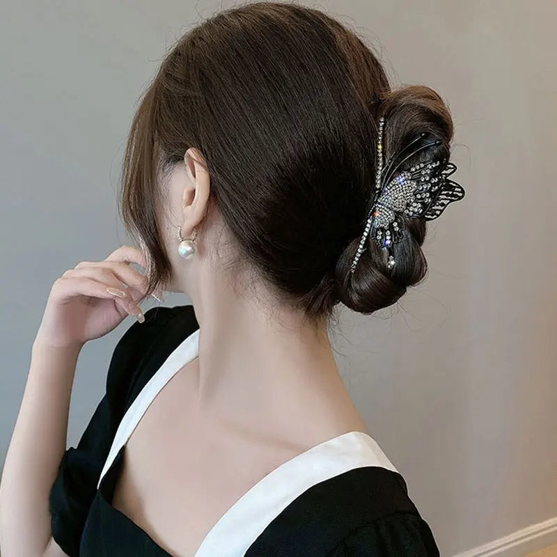 New Metal Black Butterfly Clip Rhinestone Back Head Shark Clip Large Headgear High-end Temperament Hair Accessory