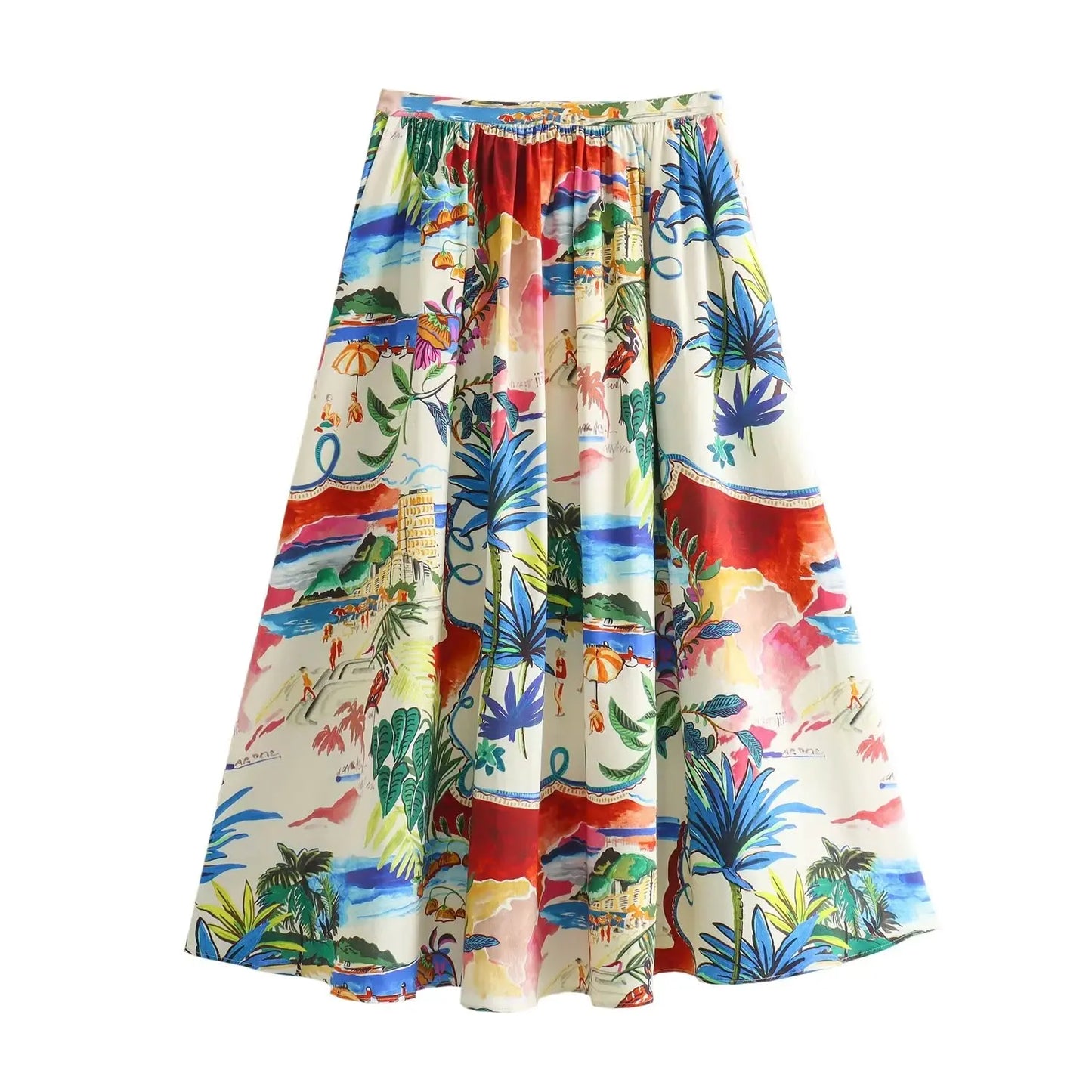 TRAF 2024 Women Summer Casual Print 2 Pieces Skirt Set Pockets Lapel Single-Breasted Shirt Top+Slim Pleated Zipper Pocket Skirt