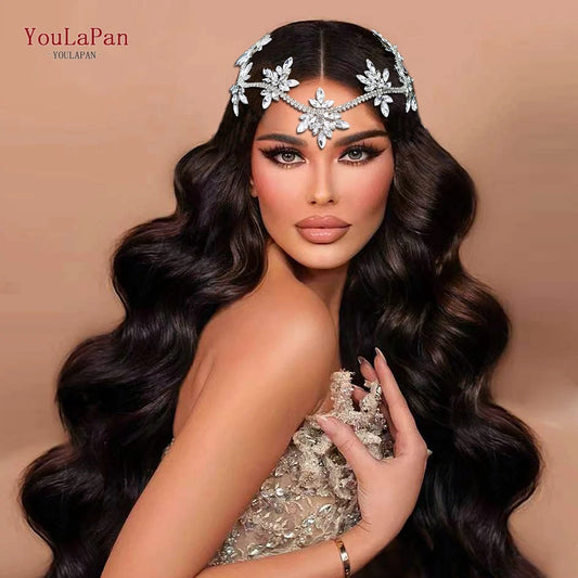 YouLaPan Crystal Flowers Hairpiece Bridal Wedding Hair Accessories Handmade Rhinestone Forehead Tiara Crown for Bride HP618