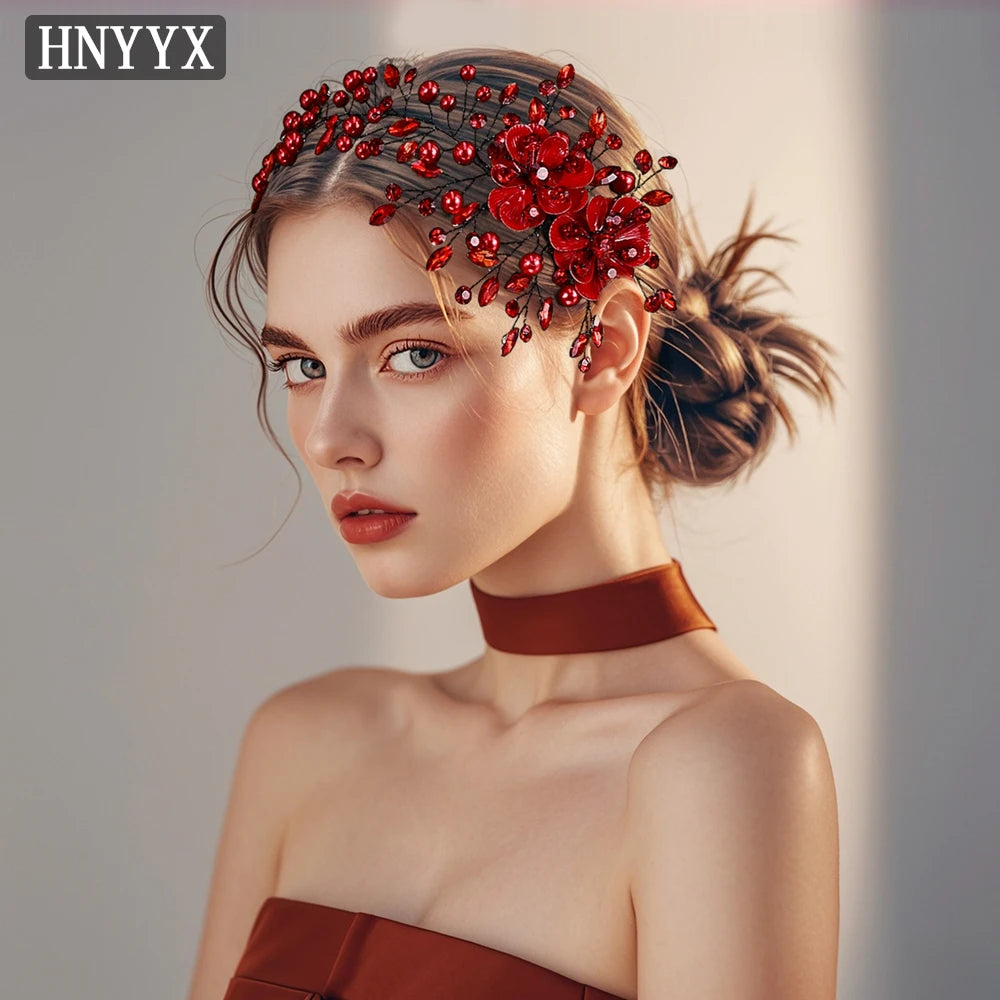 HNYYX Pearl Crystal Flower Headband Women's Red Hair Accessories Bridal Party Queen Wedding Headpieces Jewelry Hair Tiara A265