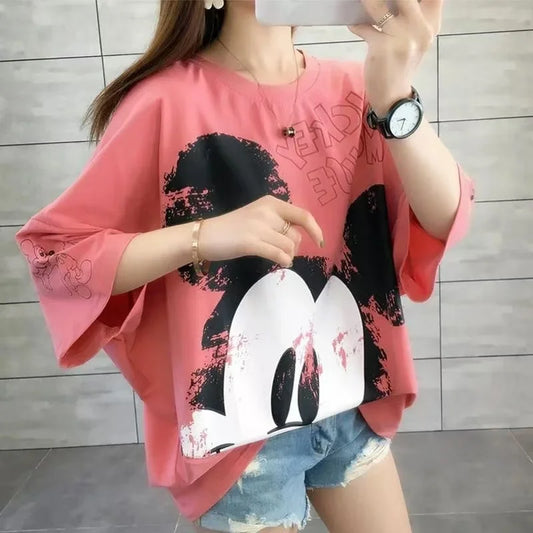 Sommermode Erwachsene Kurzarm T-Shirts Cartoon Mickey Mouse Print Frauen Kleidung Mädchen Top Dame T-Shirts Student Tees Outwear