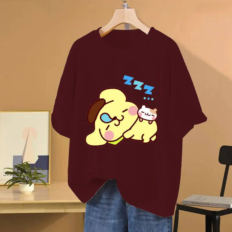 Clothes Pompom Purin Yellow Cartoon Anime Women T-shirt Summer Short Sleeve 100% Cotton Men Tee Shirts Tops 2025 Fashion Couple Clothes