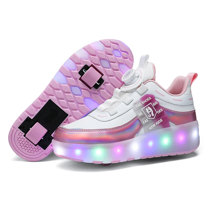 2 Wheels Dual-use Luminous Led Light USB Charging Roller Skates Sneakers For Girls Boys Students Outdoor Wheeled Sports Shoes