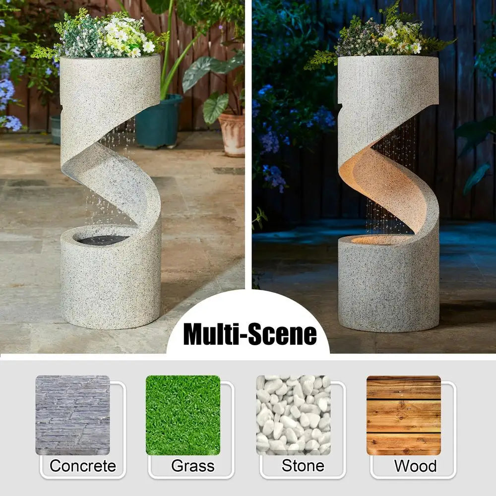 LED Outdoor Water Fountain Decorative Tiered Spiral Curved Waterfall Feature Planter Relaxing Sound Durable Resin Garden Accent