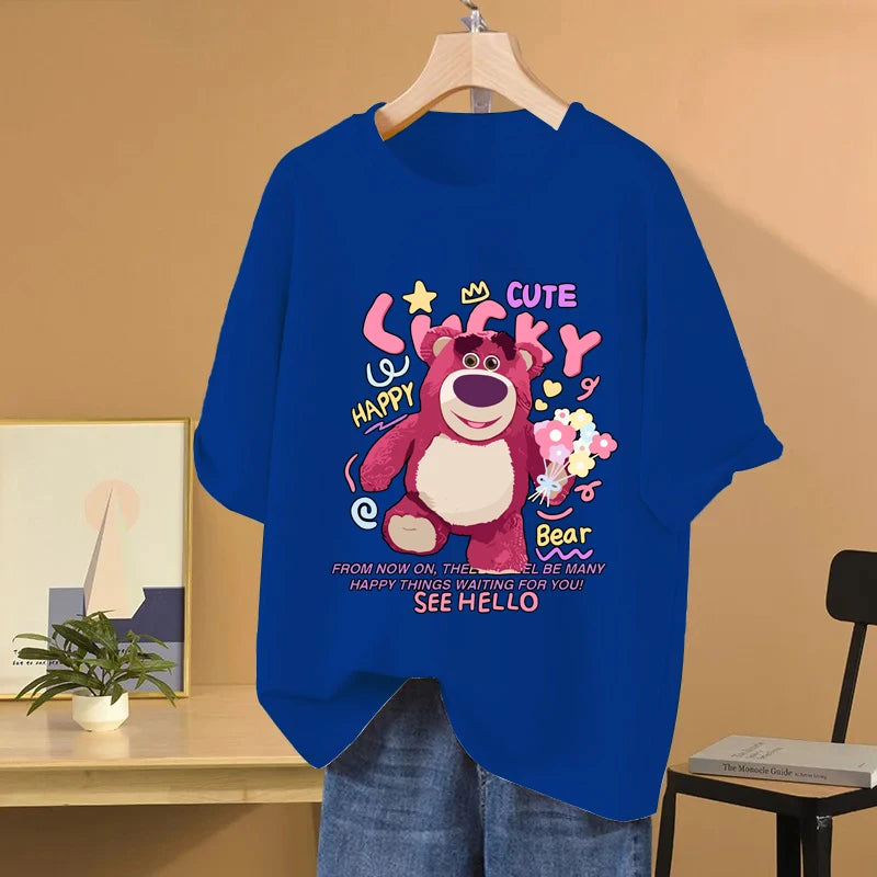 Lotso Bear Cartoon Anime Women T-shirt Summer Short Sleeve Men Tee Shirts 100% Cotton 2025 New Fashion Couple Clothes Tops