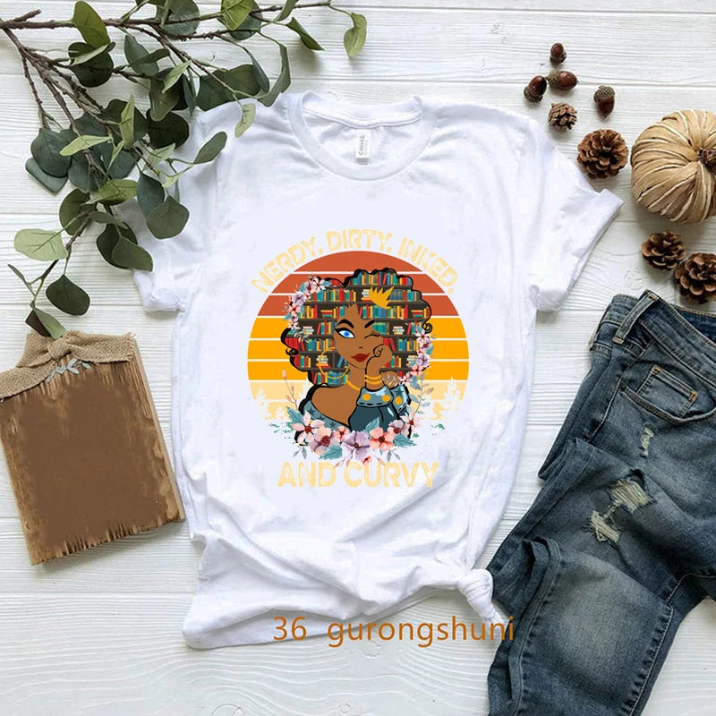 New Nerdy Dirty Inked And Curvy T-Shirt Melanin Black Queen Loves Books T Shirt Women Clothes Short Sleeve 90s Tees Summer Tops