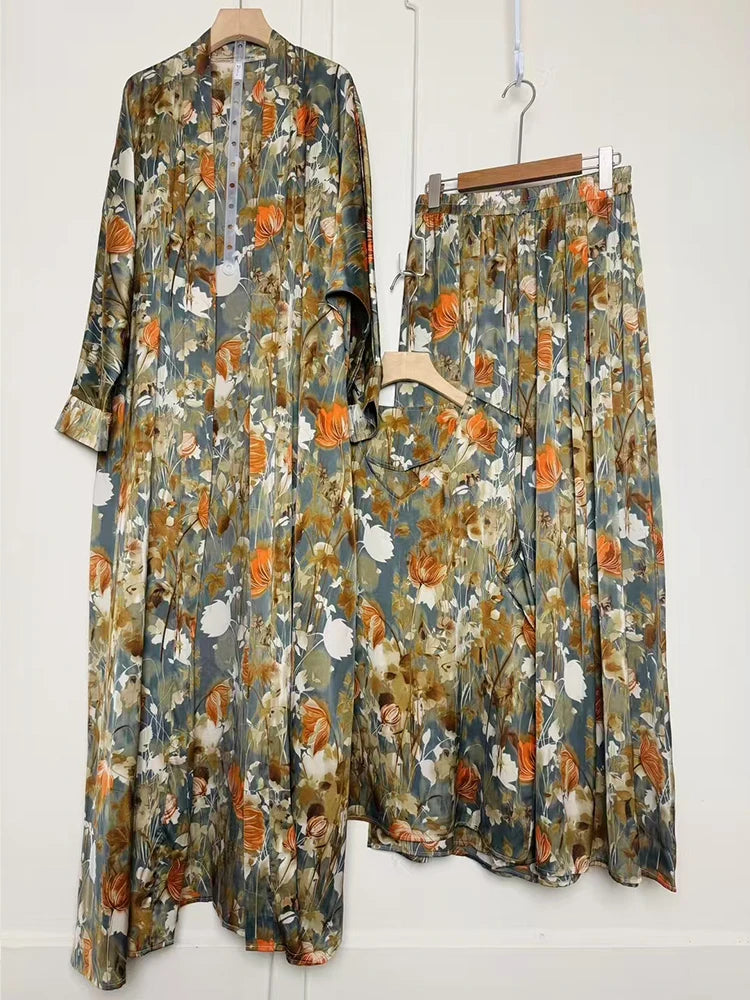 Retro geometric print loose cardigan three-piece set 2025 spring women's new pullover vest + draped loose culottes fashion suit