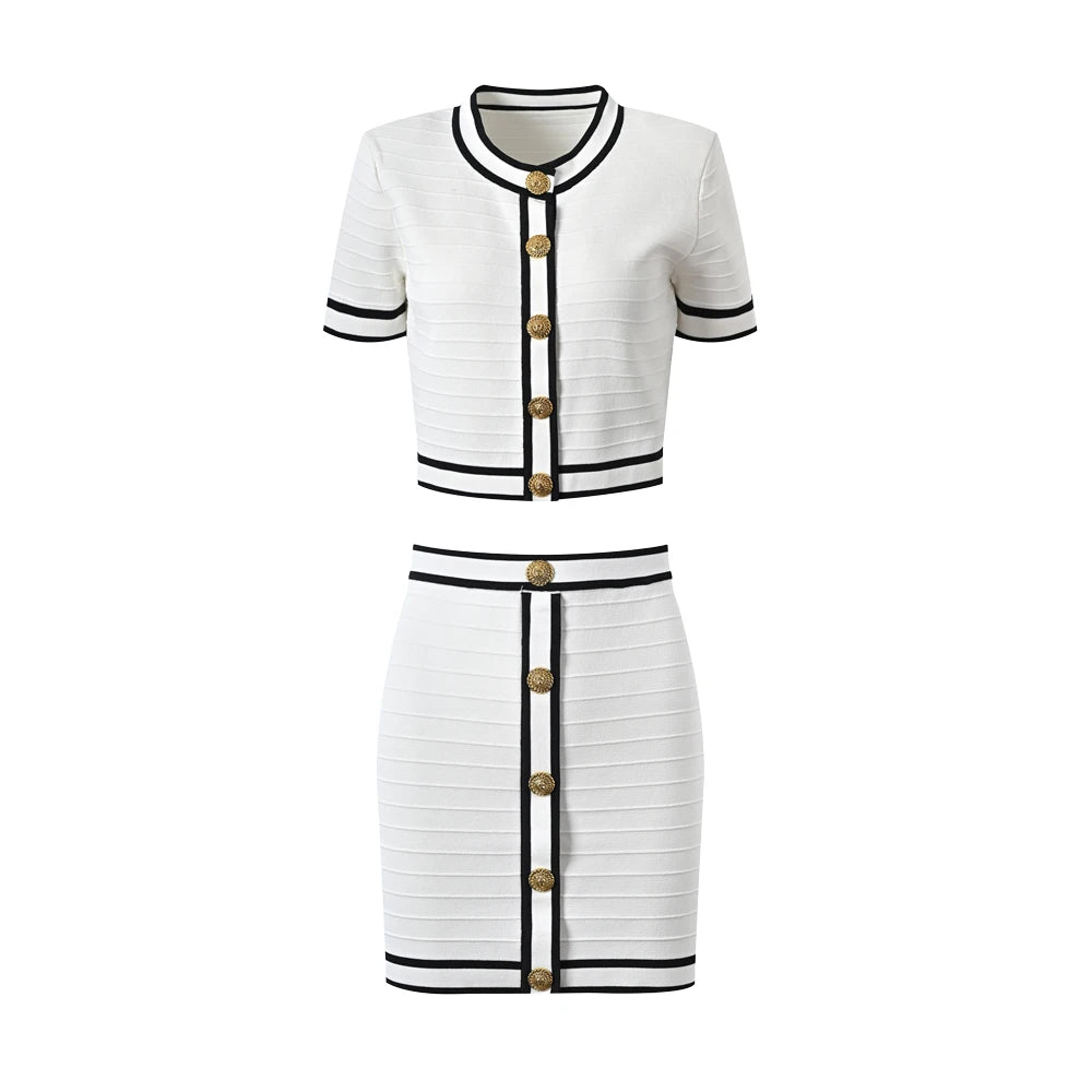 2024 Summer High Quality Sheath Knitting 2PCs Skirt Sets Short Length Women Elegant Lady Twin Suits