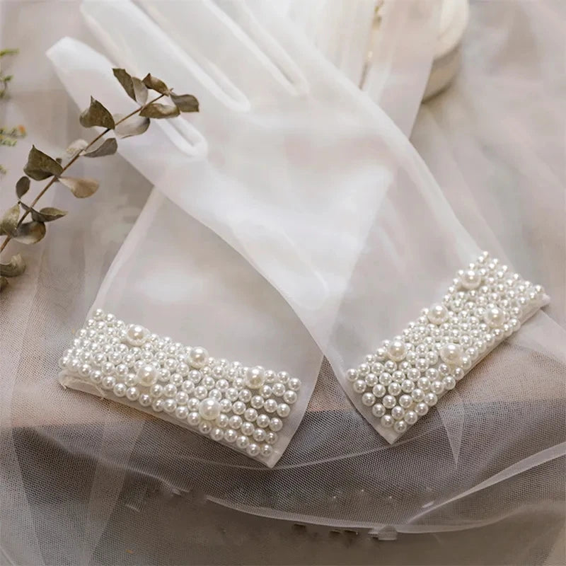 Bride Mesh Thin Short Pearl Imitation Gloves