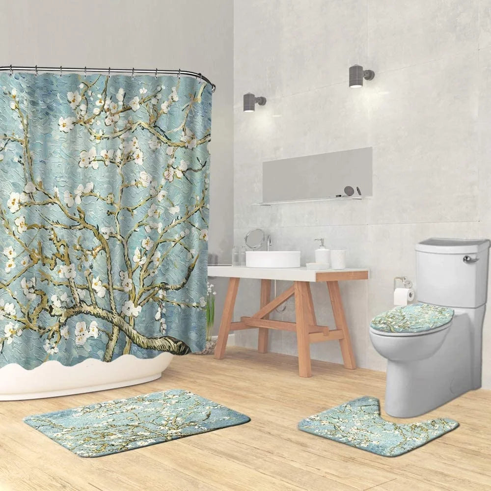 Japanese Cherry Blossom Shower Curtain Set Non-Slip Rug Toilet Lid Cover Bath Mat Spring Sakura Flower Pastoral Bathroom Curtain