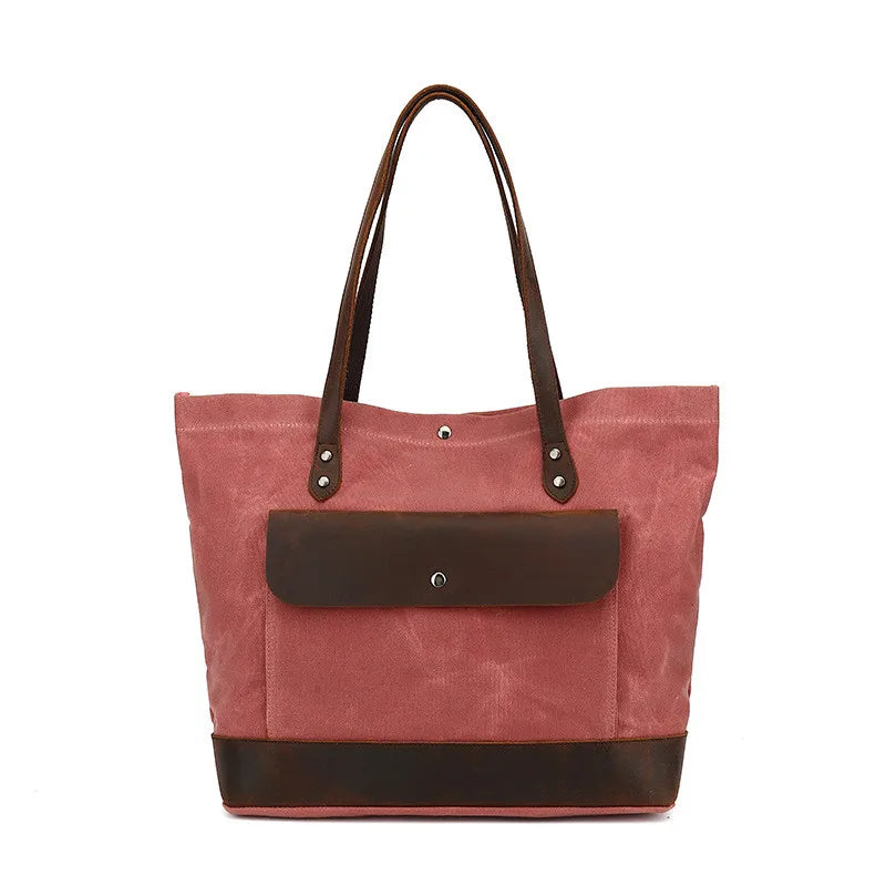 Casual Oil Wax Canvas With Genuine Leather Women's Handbag Waterproof Tote Bag Shoulder Messenger Shopping Bag Storage Bags