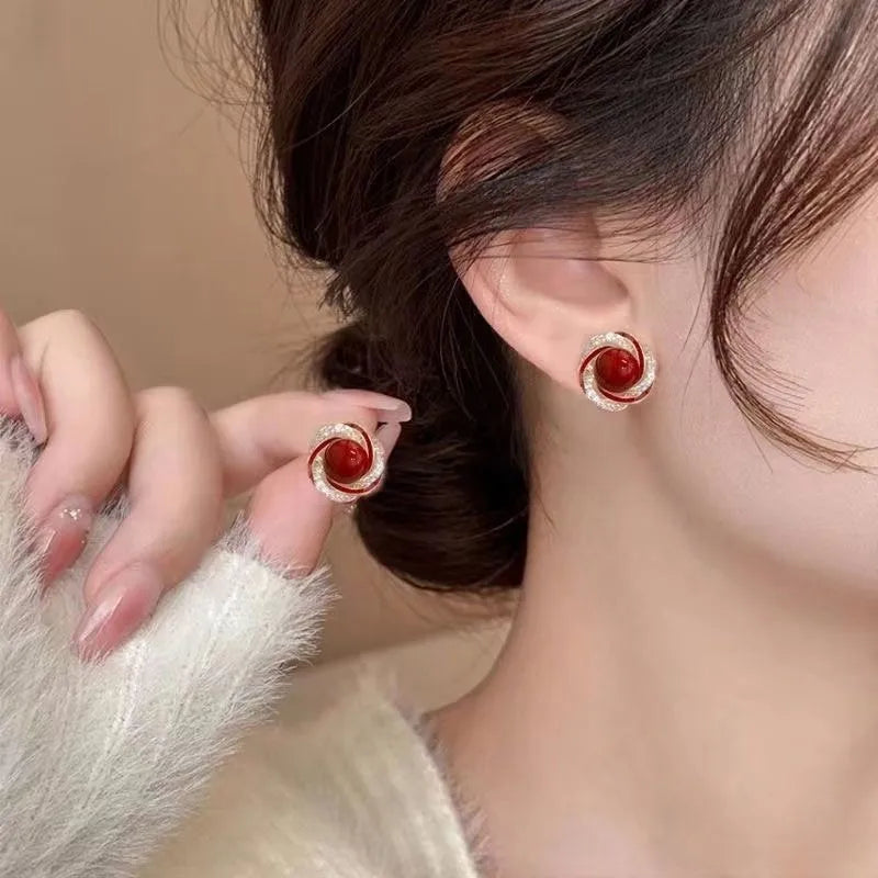 925 Silver Needle Korean Fashion Crystal Pearl Earrings For Women Jewelry 2024 Trending New Red Green White Flower Stud Earrings