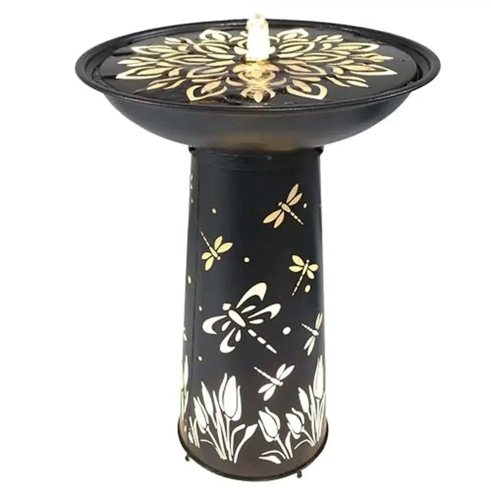 Dragonfly Design Outdoor Bird Bath Fountain with LED Lights 26.75-Inch Height Garden Accent Submersible Electric Pump Iron