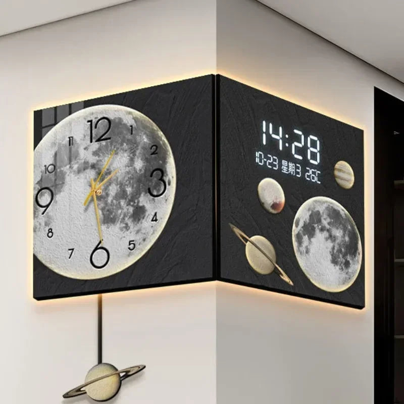 Corner Wall Clock with Light Living Room Digital Watch Mural Wall Clocks Luxury Design Large Pendulum Double-sided Room Decor
