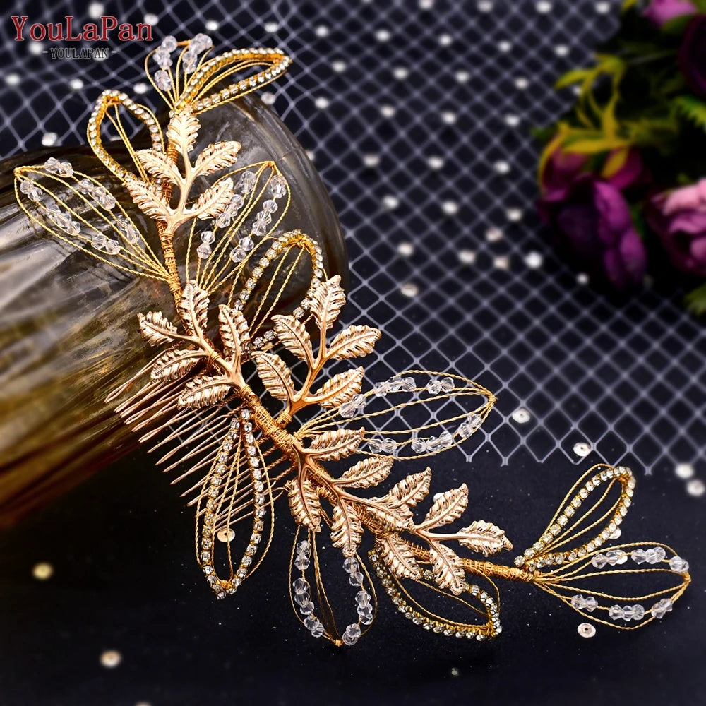 YouLaPan Gold Floral Wedding Hair Comb Bridal Crystal Pearls Headpiece Hair Accessories Bride Jewelry Women Hair Clips HP368
