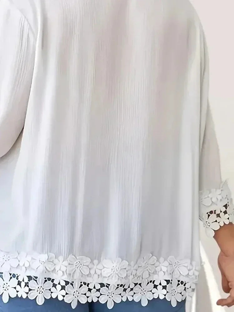 Plus Size 1XL-5XL Women's Casual Solid Color Shirt Ladies Fashion Lace Trim Spring Summer Casual Blouse Top