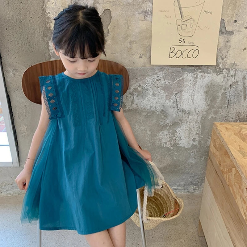 2024 Summer New 2 3 4 5 6 7 8 9 10 12 Years Children Lace Patchwork Cotton Embroidery Sleeveless Loose Dress For Kids Baby Girl