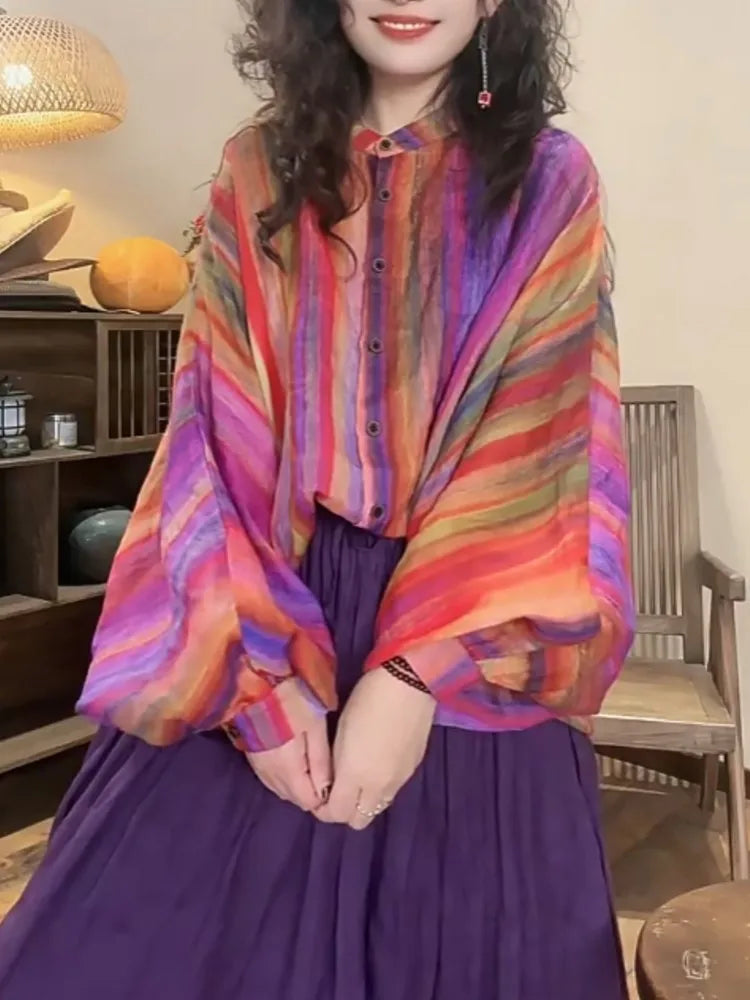 Oversized Summer 2 Two Piece Set Women Striped Print Casual Long Sleeve Ladies Shirt Elastic Waist Modis Ruffle Woman Long Skirt