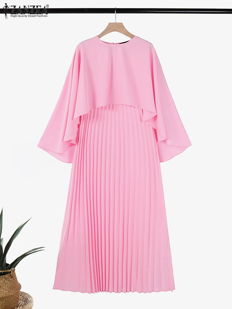 Women Solid Party Work Dress Sets ZANZEA Spring Fashion Poncho Blouse Pleated Sundress 2pcs Outfits Elegant Matching Sets 2025