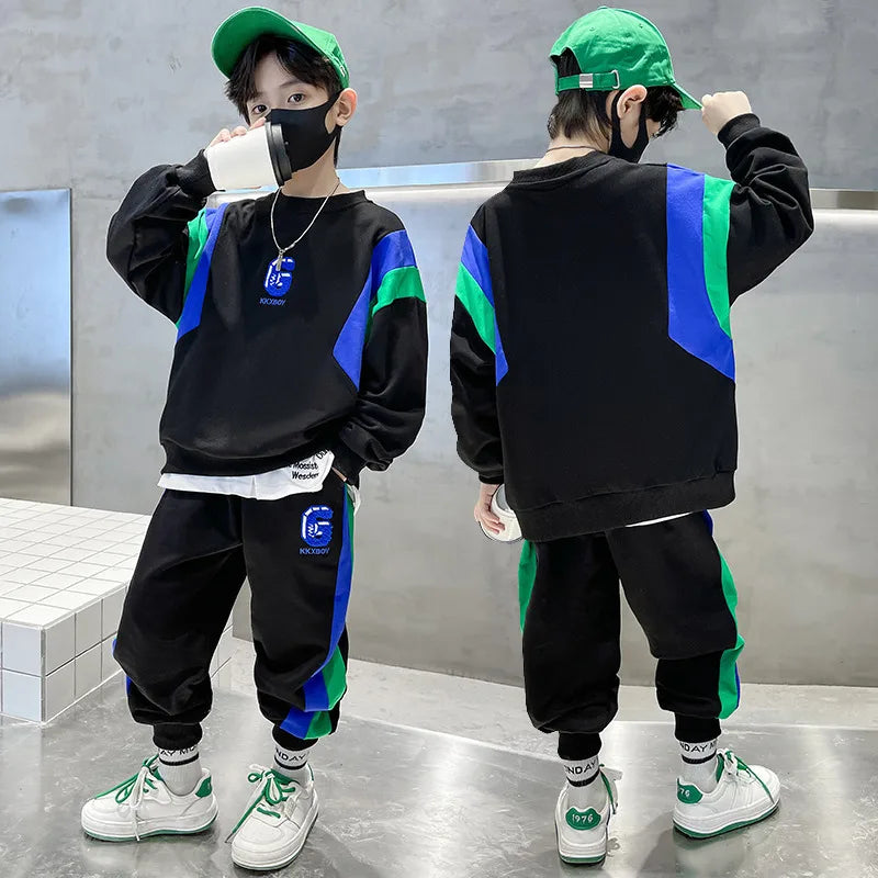 Spring Teenage Boy Clothes Children's Embroidery Letter Sweatshirt and Pants Set Fashion Top and Bottom 2 Pieces Tracksuit