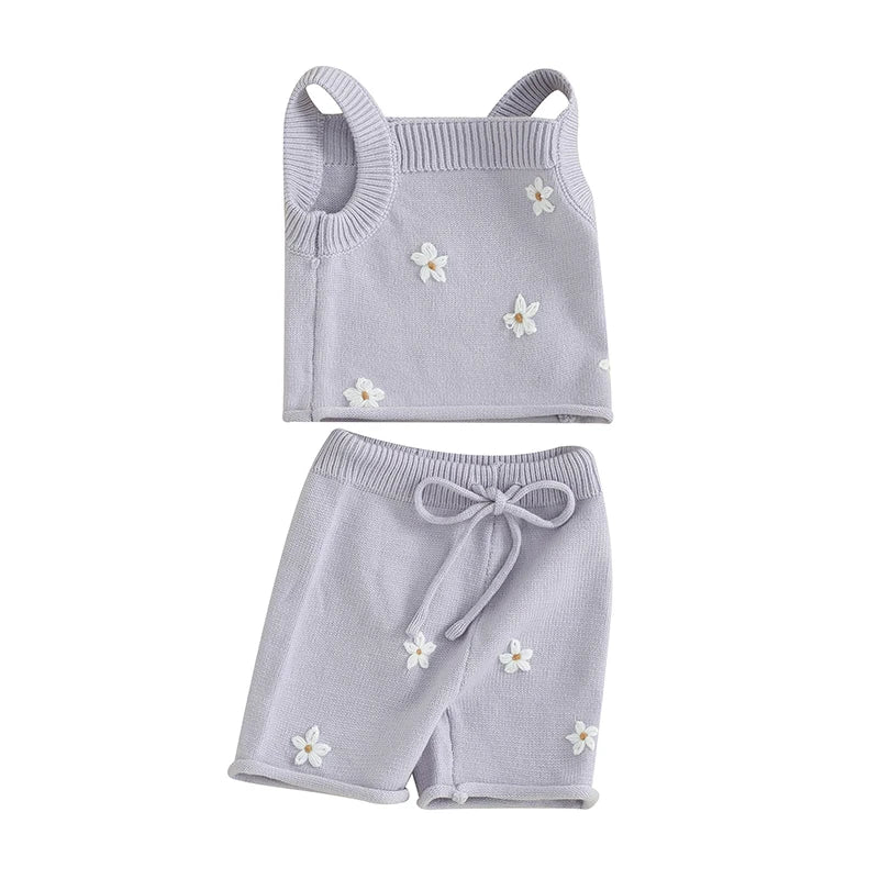 Kleinkind Baby Mädchen 2Pcs Outfit Sommer Floral Ärmelloses Strick Tank Leibchen Top Elastische Kordelzug Shorts Set Boho Kinder Kleidung