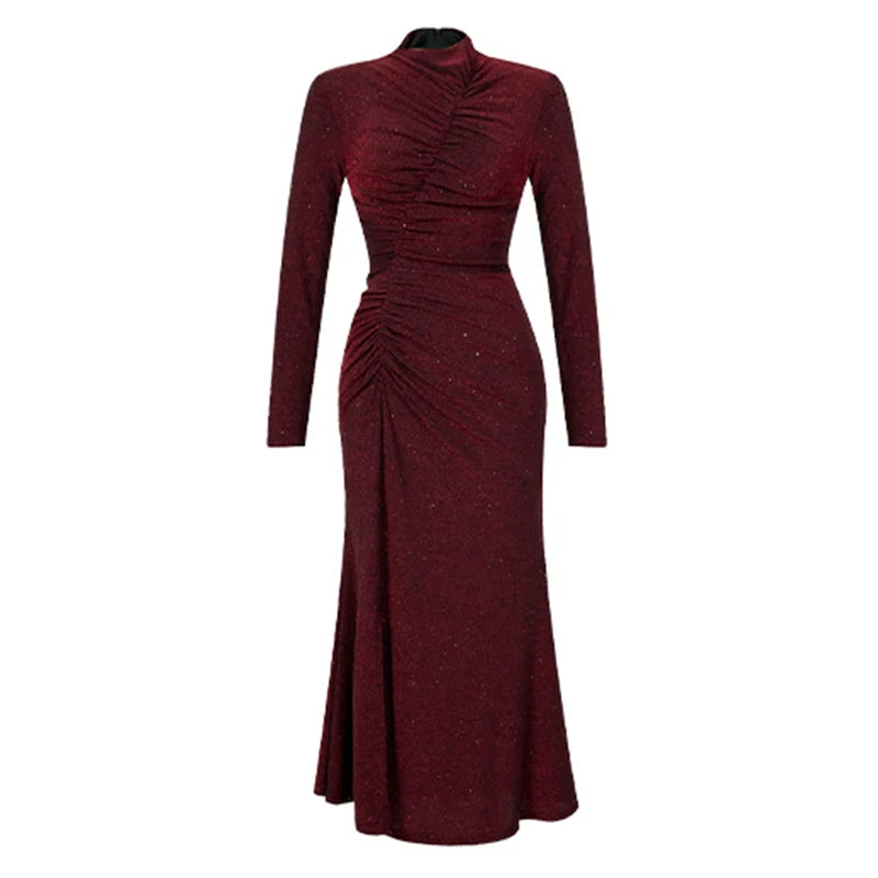 Women‘s Fashion Elegant Birthday Party Dress Female Clothing Glitter Bright Sequin Slit Folds Fishtail Robe Evening Prom Vestido
