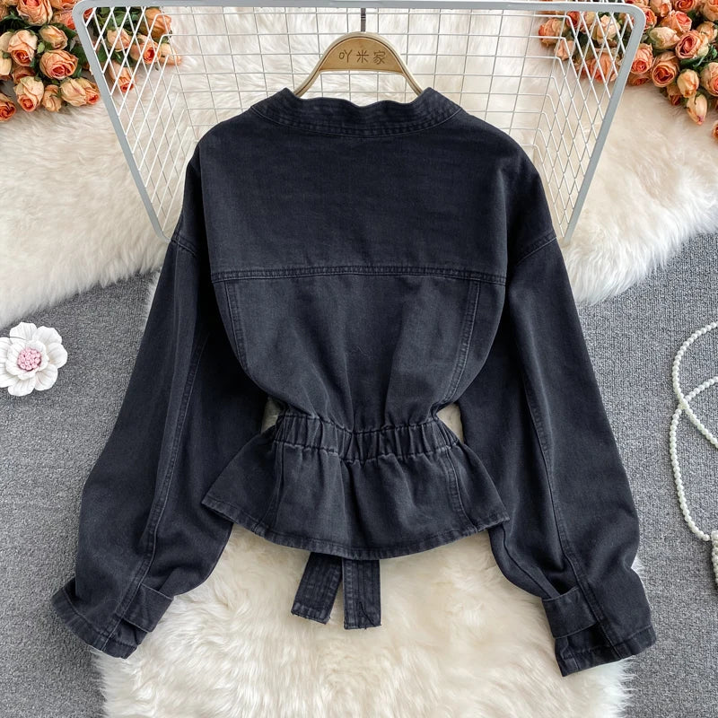 Vintage Pearl Beaded Black Denim Outerwear Women Autumn Elastic Waist V-neck Long Sleeve Korean Irregular Hem Short Jeans Jacket